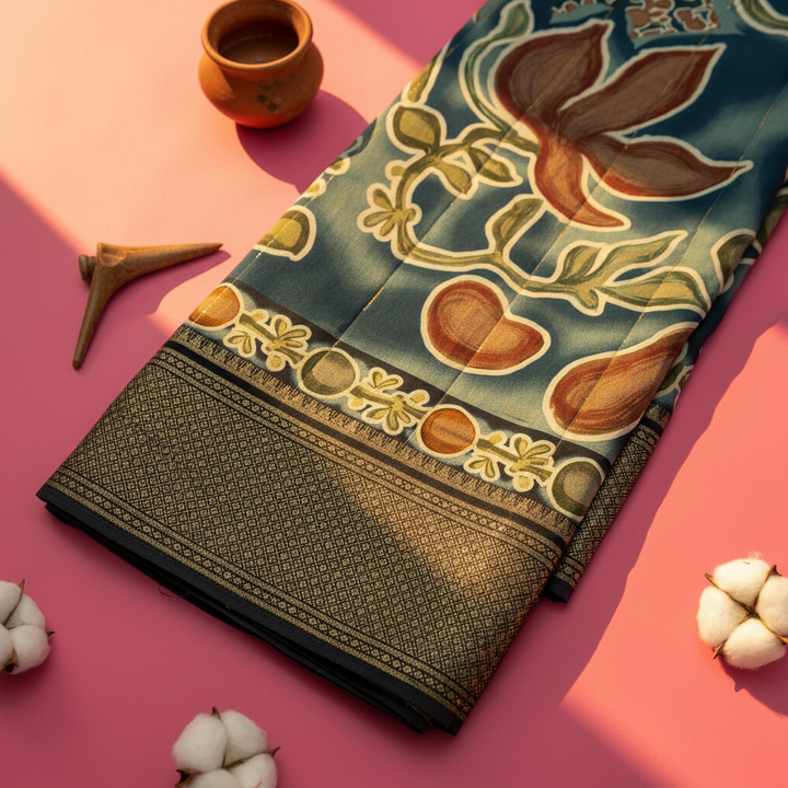 Kuberan Teal Mal Cotton Saree with Woven Border