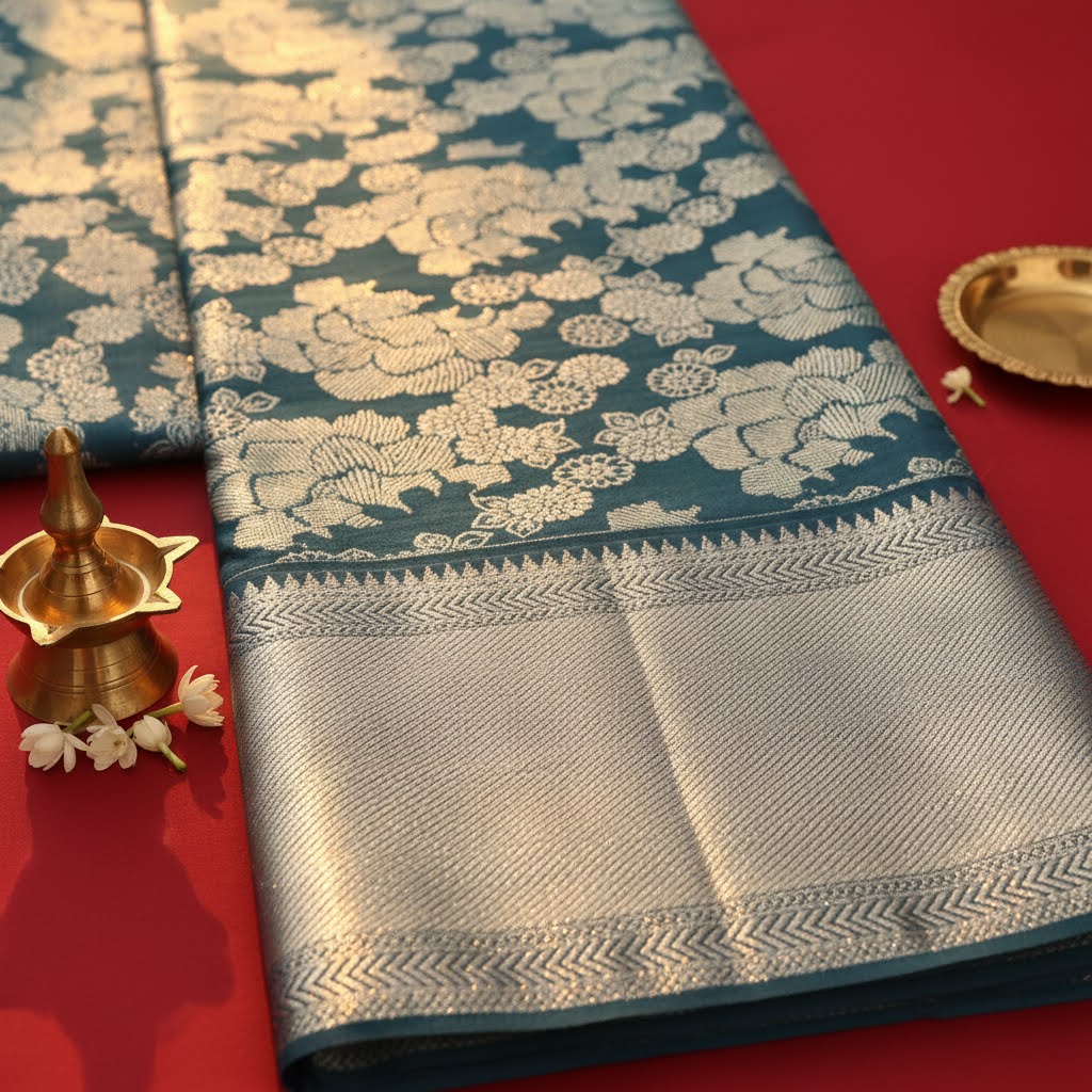 Kuberan Teal Kanchipuram Silk Saree with Silver Zari Peony & Chrysanthemum Floral Jaal