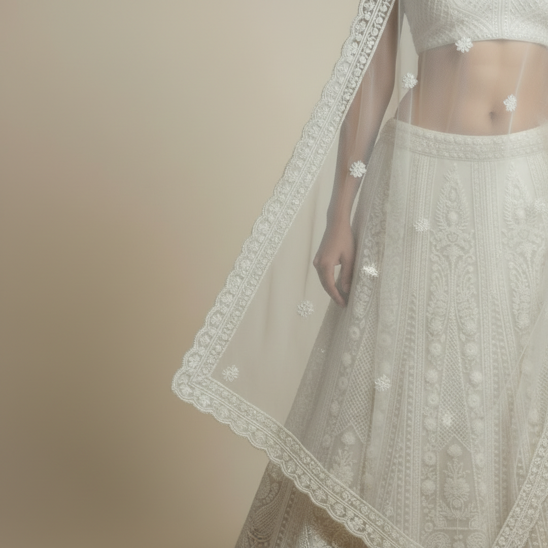 Kuberan UNSTITCHED White Embroidered Net Lehenga