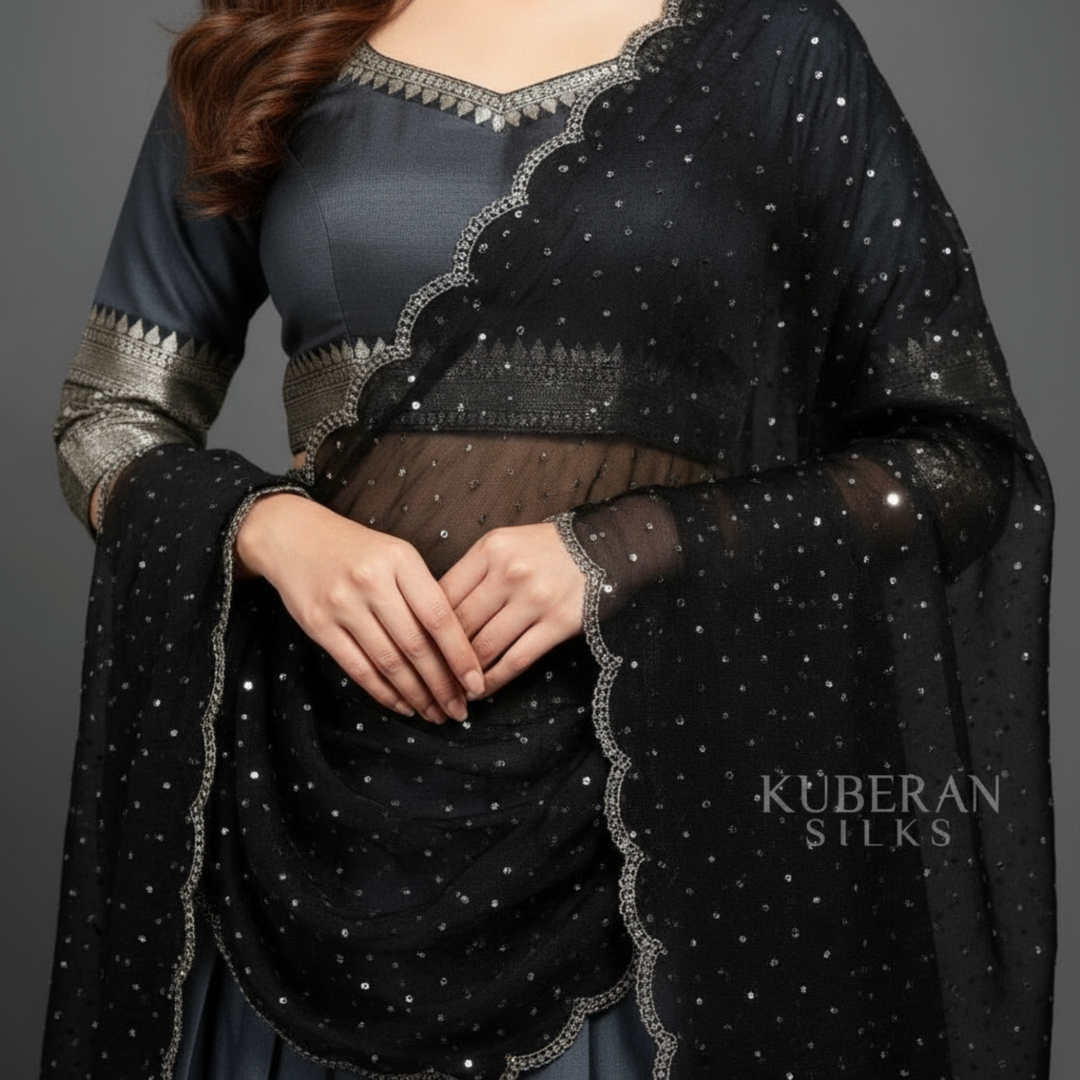 KUBERAN METALLIC GREY UNSTITCHED TRADITIONAL LEHENGA