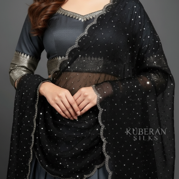 KUBERAN METALLIC GREY UNSTITCHED TRADITIONAL LEHENGA