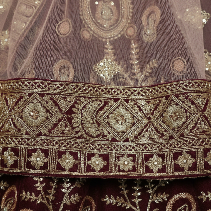 KUBERAN MAROON UNSTITCHED VELVET LEHENGA