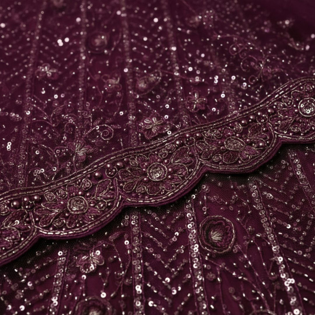 Kuberan Wine Embroidered Net Lehenga