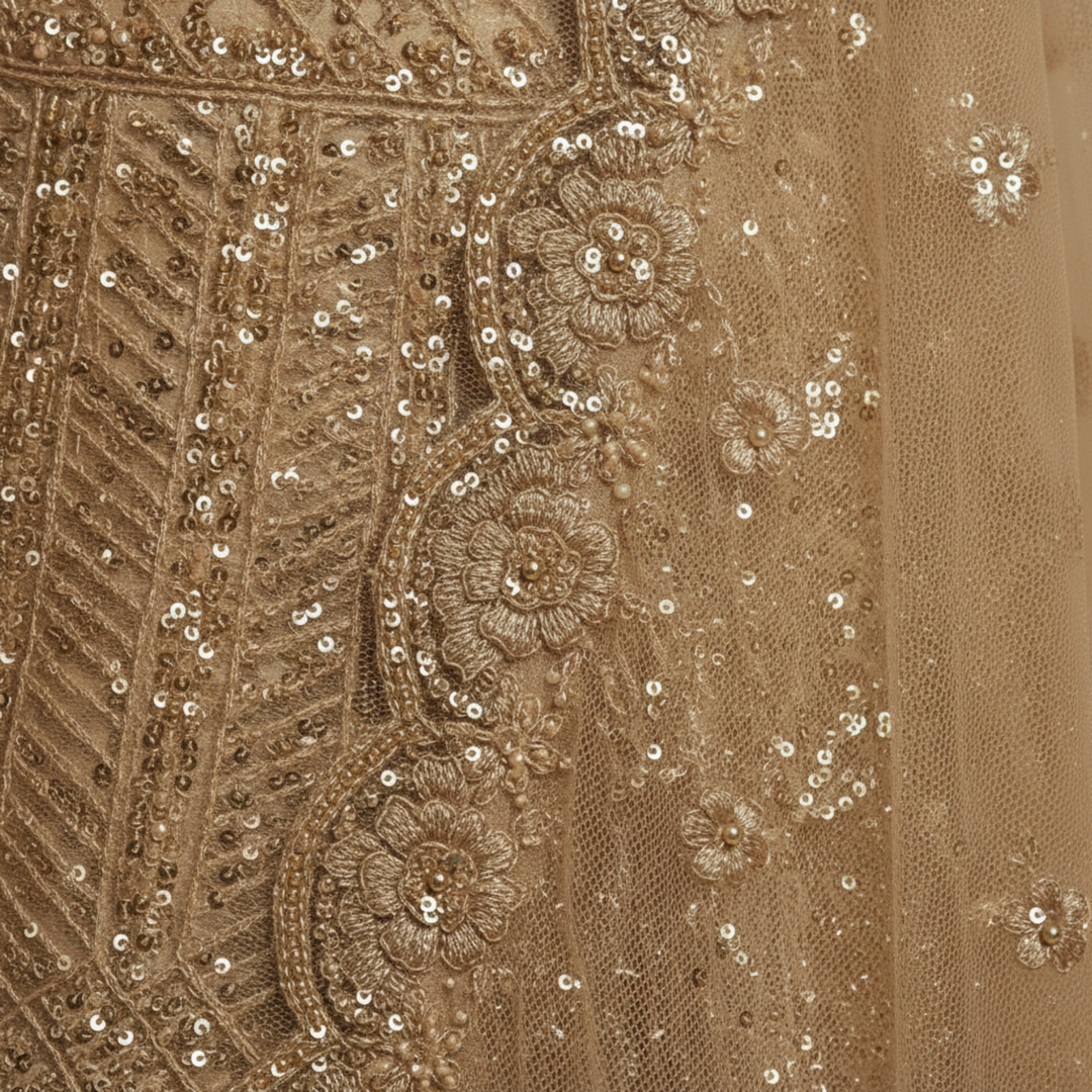 Kuberan Golden Beige Unstitched Embroidered Net Lehenga