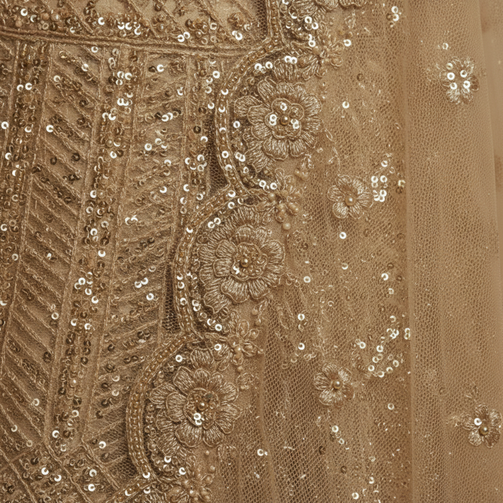 Kuberan Golden Beige Unstitched Embroidered Net Lehenga