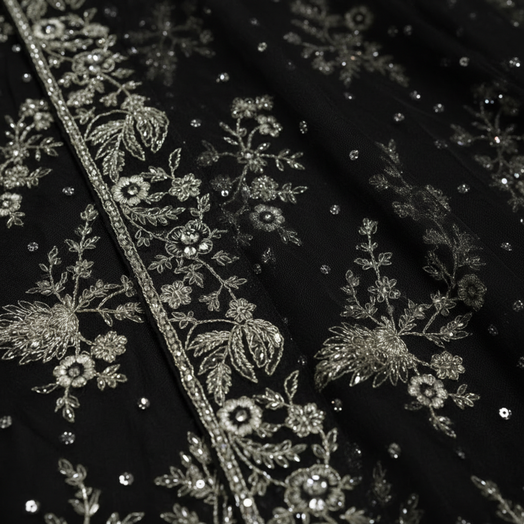 Kuberan unstitched Black Embroidered Net Lehenga