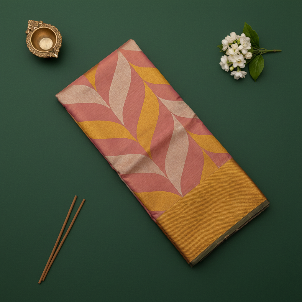 kuberan Blush Pink & Mustard Gold Diagonal Leaf Kanchipuram Silk Saree with Solid Gold Zari Border