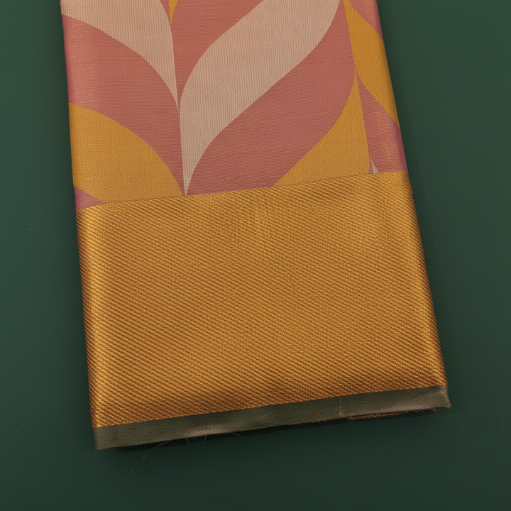 kuberan Blush Pink & Mustard Gold Diagonal Leaf Kanchipuram Silk Saree with Solid Gold Zari Border
