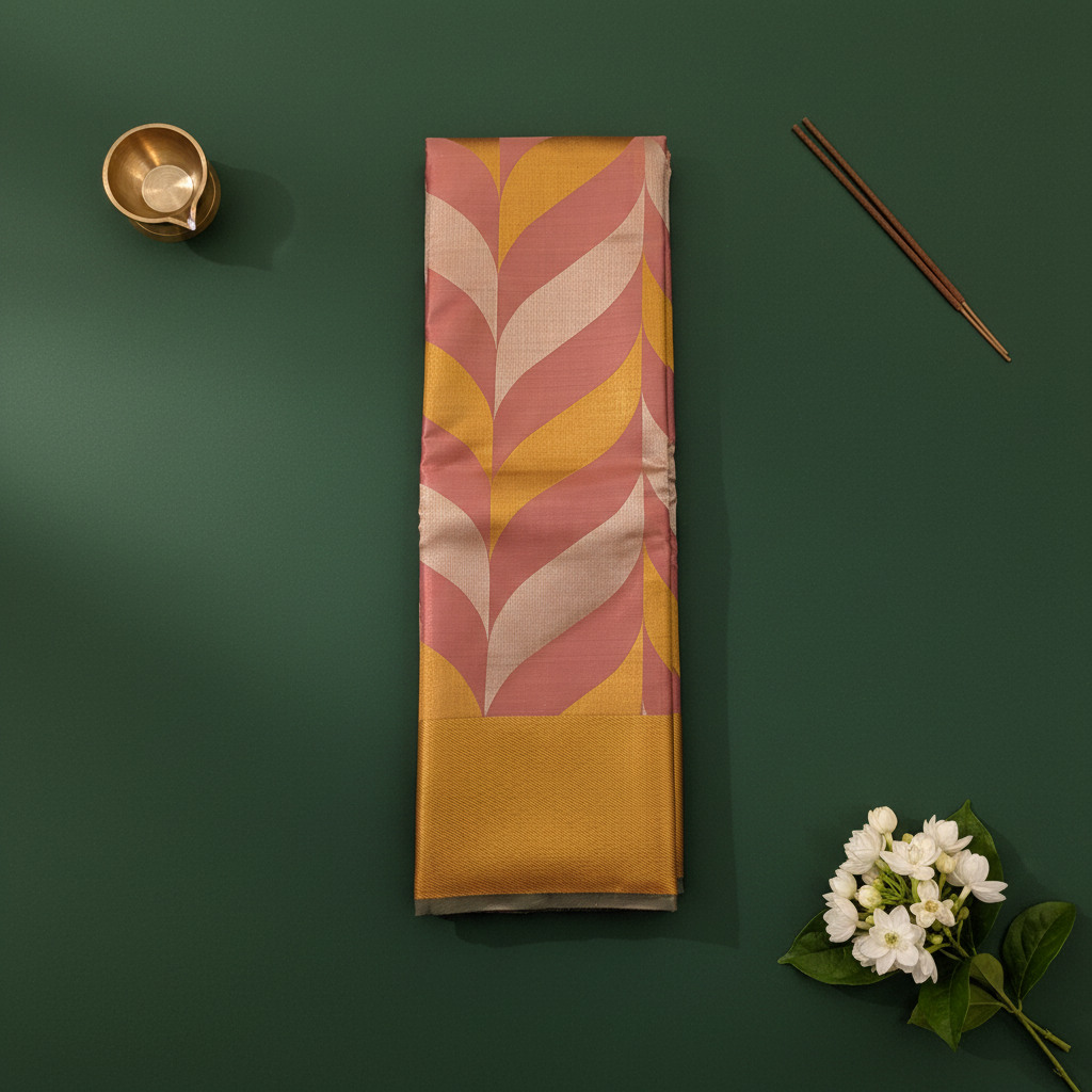 kuberan Blush Pink & Mustard Gold Diagonal Leaf Kanchipuram Silk Saree with Solid Gold Zari Border