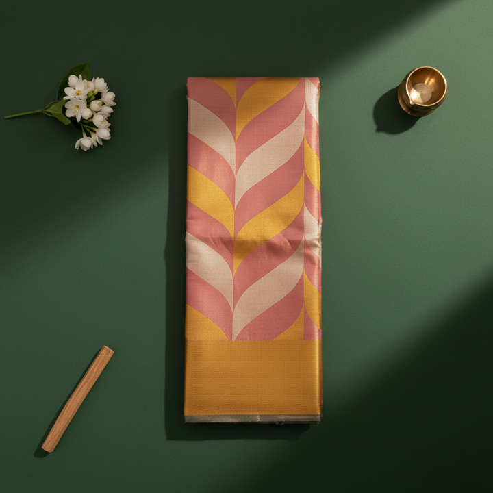 kuberan Blush Pink & Mustard Gold Diagonal Leaf Kanchipuram Silk Saree with Solid Gold Zari Border