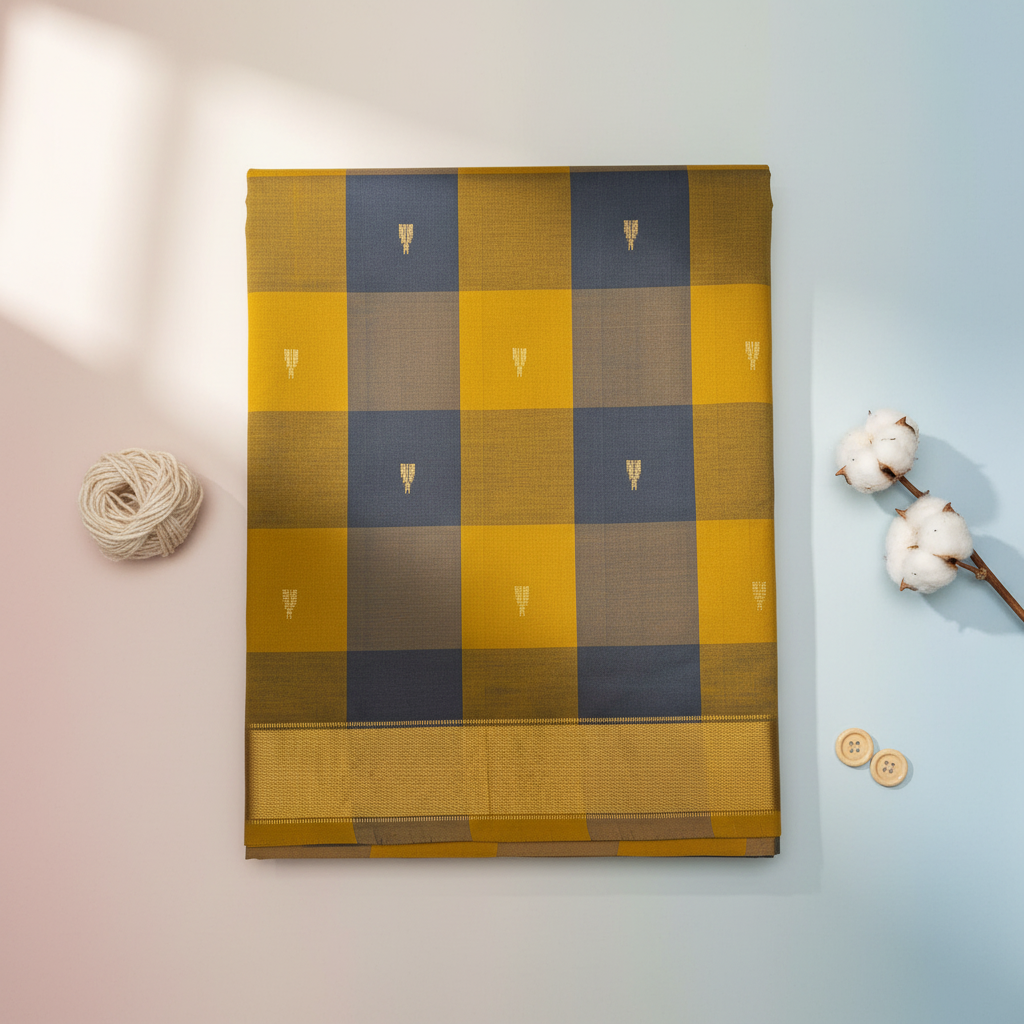 Kuberan Mustard Yellow Checked Cotton Saree