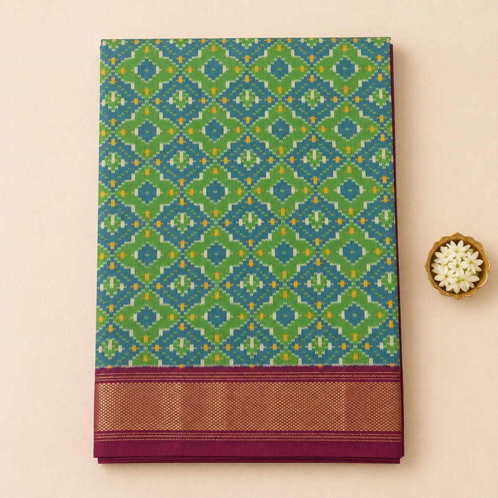 KUBERAN GREEN WITH PURPLE POCHAMPALLY SILK SAREE