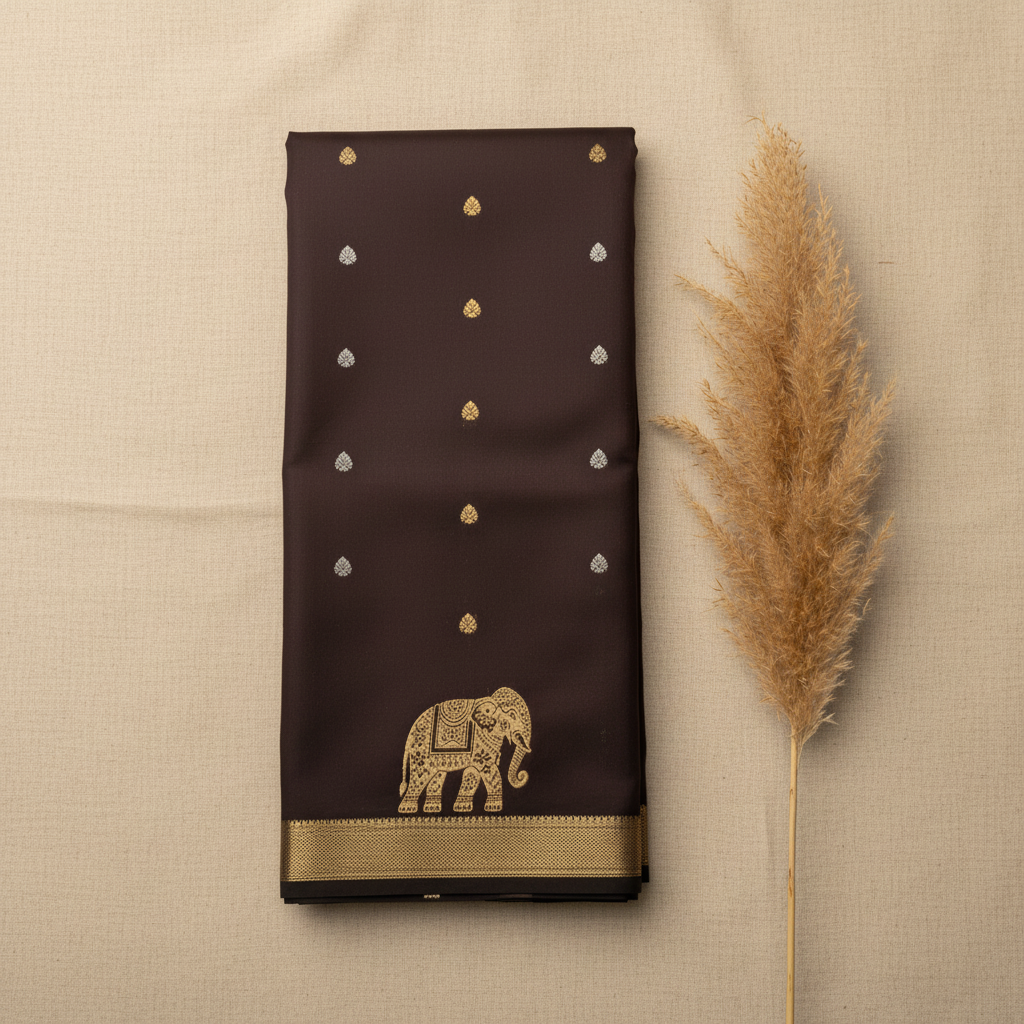 Dark aubergine semi silk saree - editorial flat lay with pampas grass