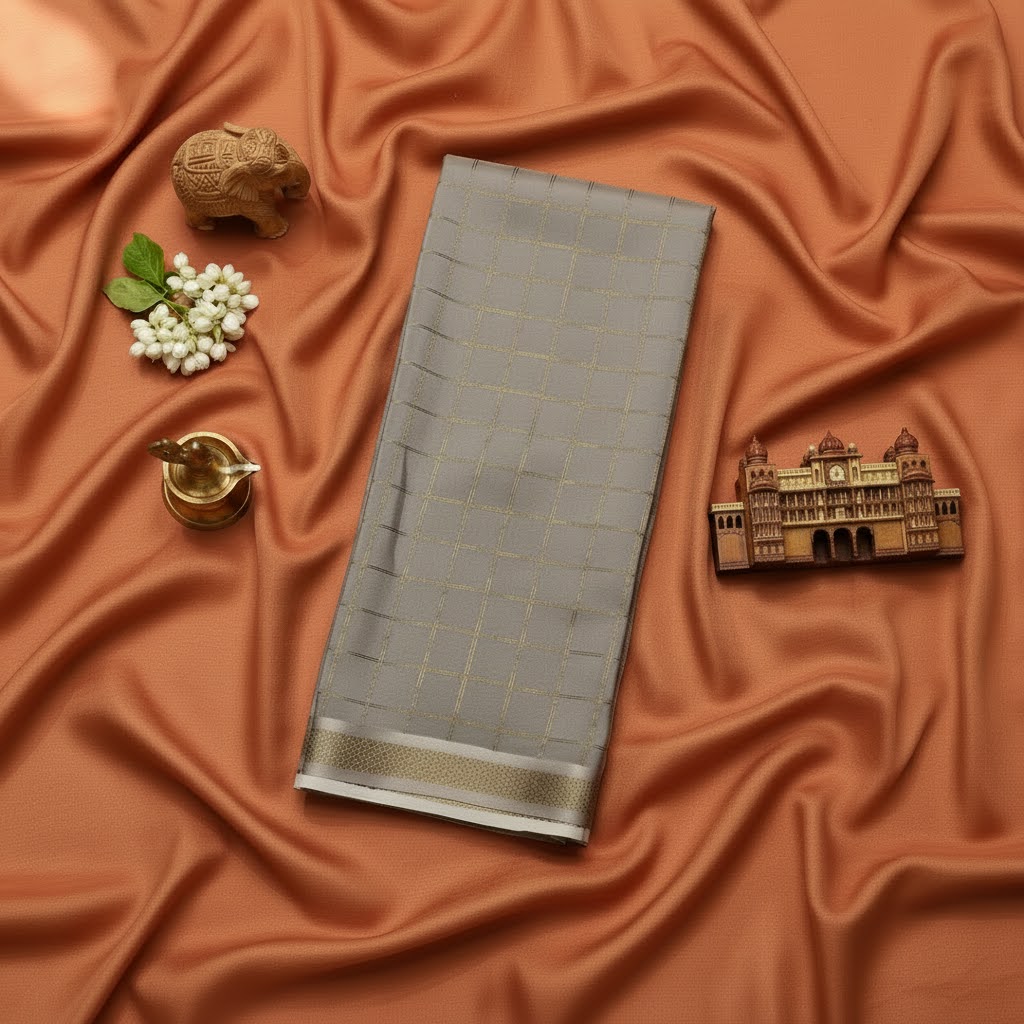 Kuberan Grey Checkered Mysore Silk Saree with Kalamkari Pallu