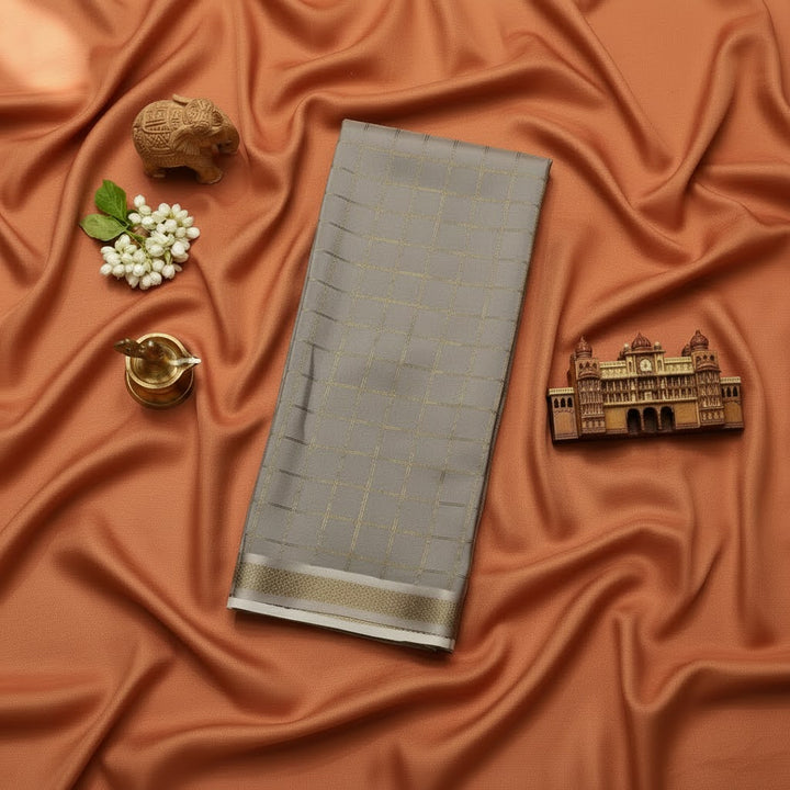 Kuberan Grey Checkered Mysore Silk Saree with Kalamkari Pallu