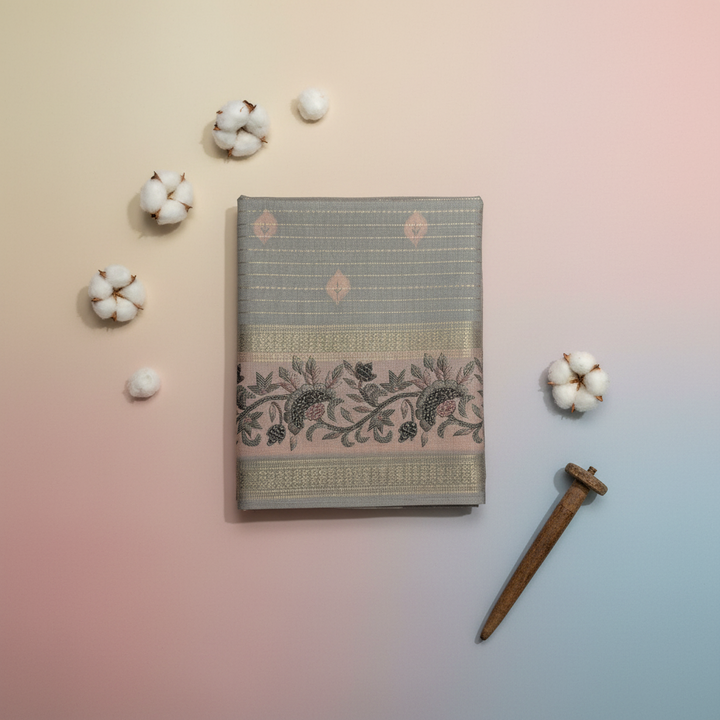 KUBERAN GREY PRINTED COTTON SAREE