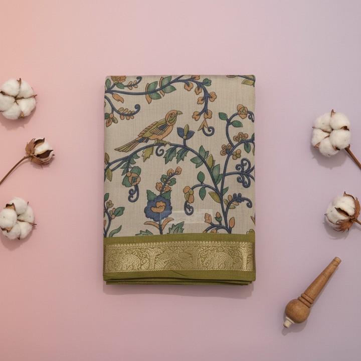 KUBERAN LIGHT GREY PRINTED COTTON SAREE