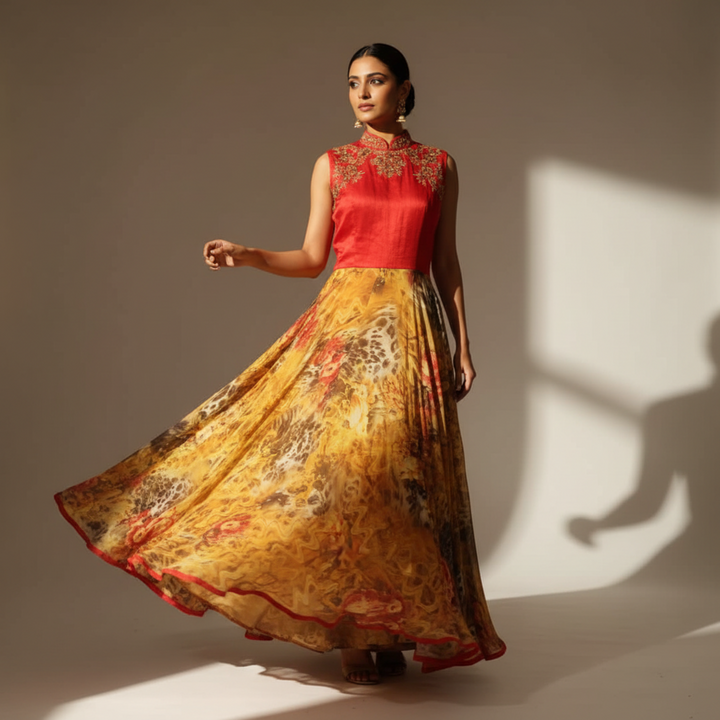 KUBERAN RED AND FLORAL PRINTED GOWN