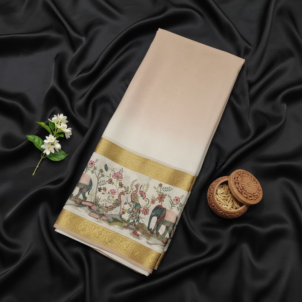 kuberan Cream Mysore Silk Saree with Kalamkari Border