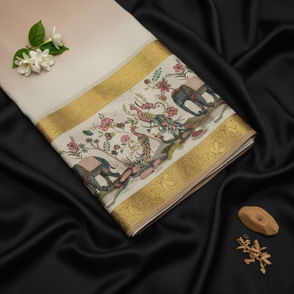 kuberan Cream Mysore Silk Saree with Kalamkari Border