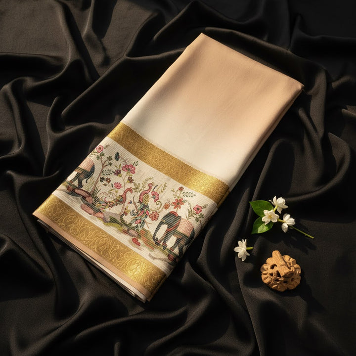 kuberan Cream Mysore Silk Saree with Kalamkari Border