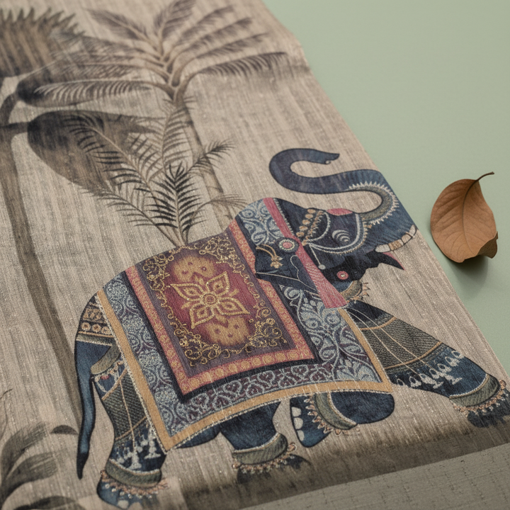 KUBERAN IVORY BEIGE LINEN COTTON SAREE