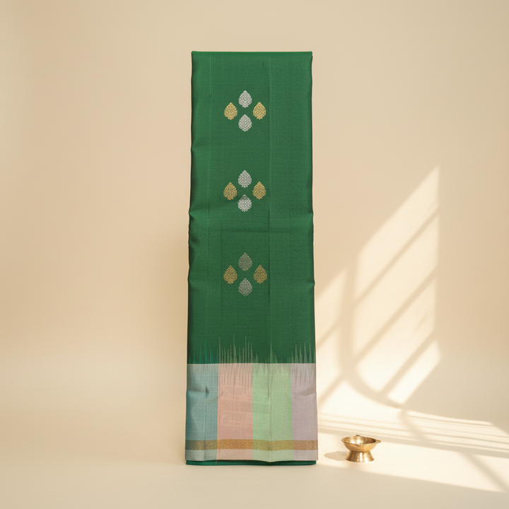 KUBERAN DARK GREEN CHECKS BORDER PURE SOFT SILK SAREE
