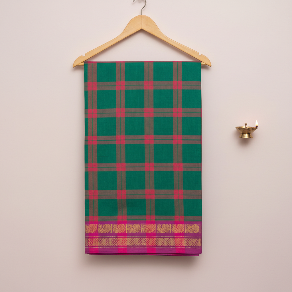 KUBERAN GREEN WITH PINK COTTON CHECKS SAREE