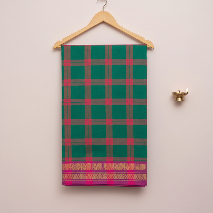 KUBERAN GREEN WITH PINK COTTON CHECKS SAREE