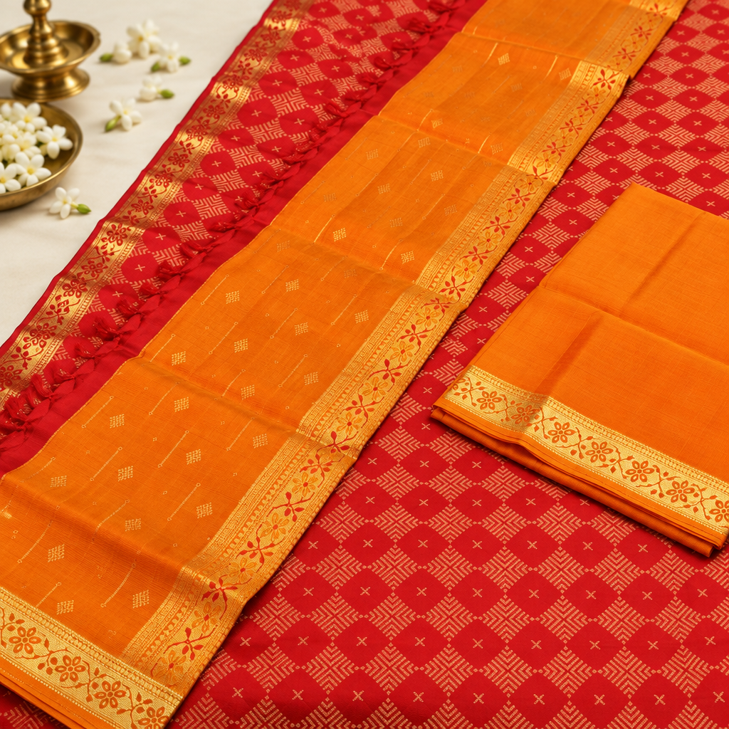 Kuberan Red Orange Pure Silk Dress Material with Gold Border