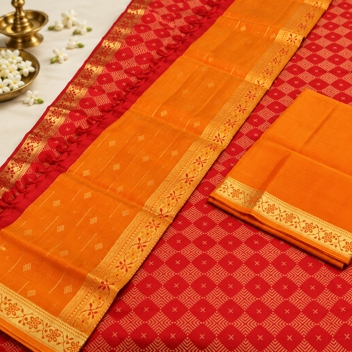 Kuberan Red Orange Pure Silk Dress Material with Gold Border