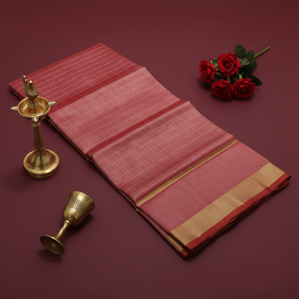 Kuberan Dusty Rose Cotton Silk Saree with Gold Check Grid & Antique Gold Zari Border