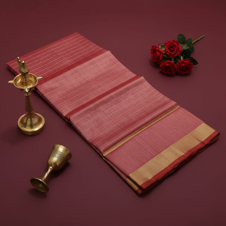 Kuberan Dusty Rose Cotton Silk Saree with Gold Check Grid & Antique Gold Zari Border