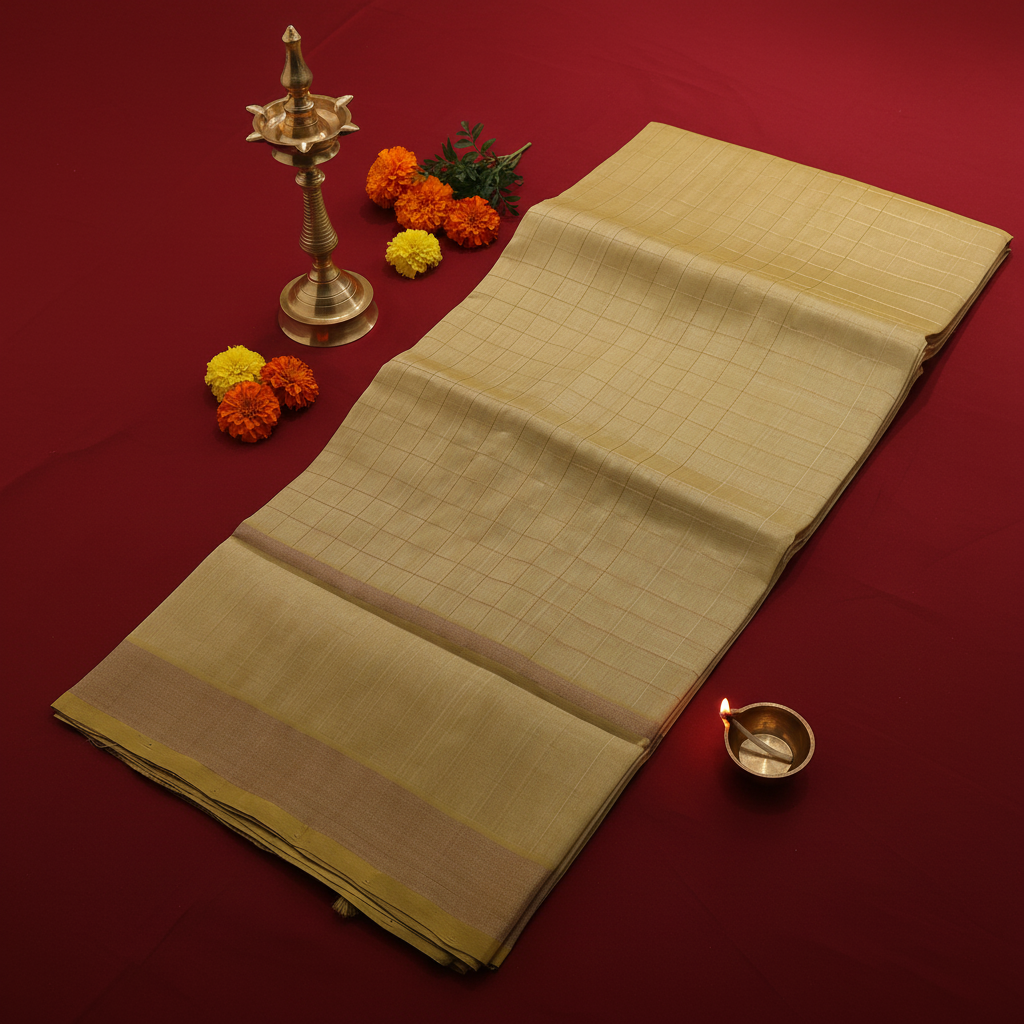 Kuberan Golden Yellow Self-Check Cotton Silk Saree