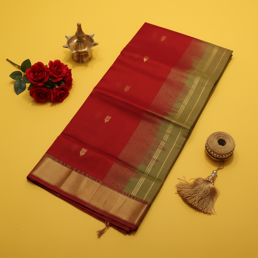 Kuberan Crimson Red Cotton Silk Saree with Gold Butta & Olive Gold Zari Border