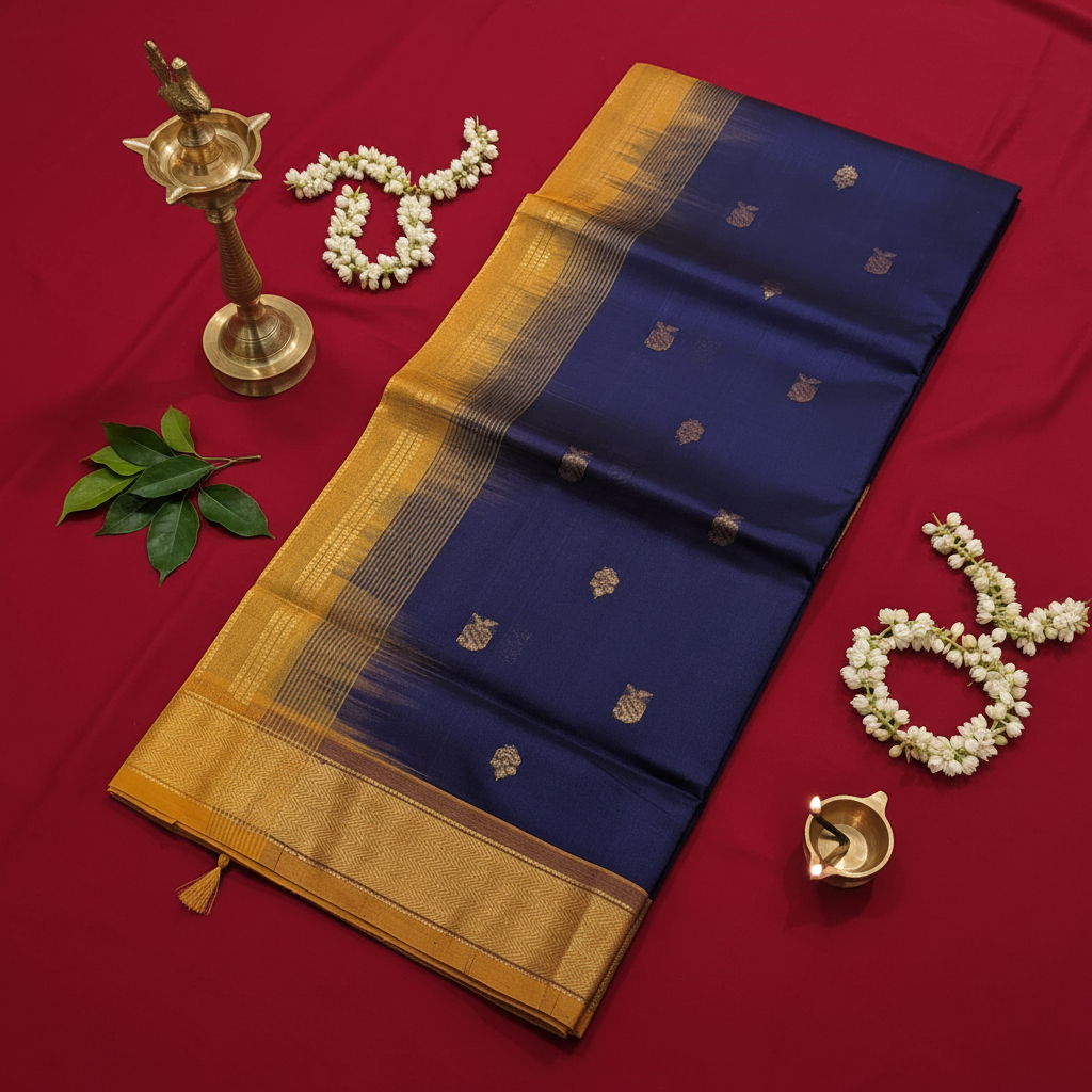 Kuberan Navy Blue Cotton Silk Saree with Gold Butta & Broad Mustard Zari Border
