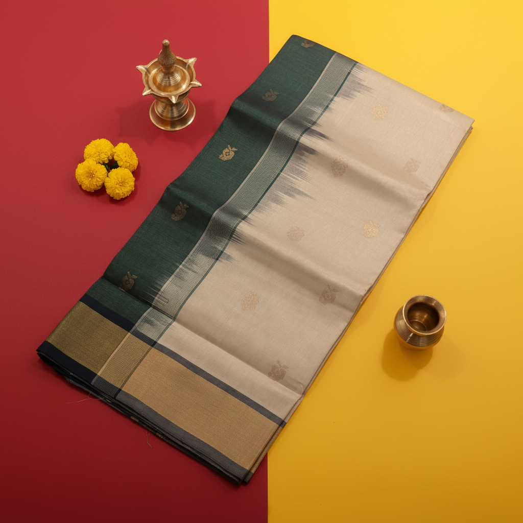 Kuberan Off-White Cotton Silk Saree with Gold Butta & Ikat Border
