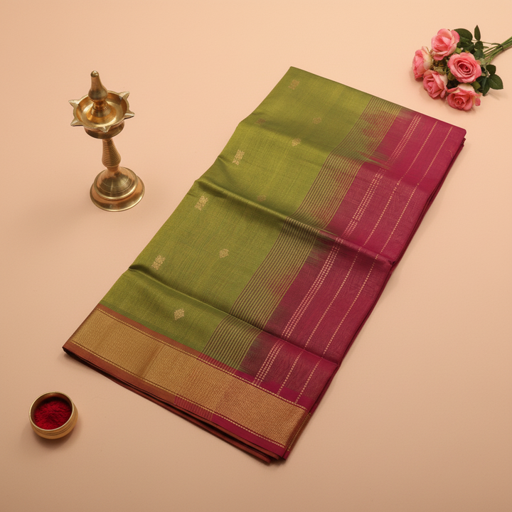 Kuberan Olive Green & Pink Cotton Silk Saree with Gold Butta & Zari Border