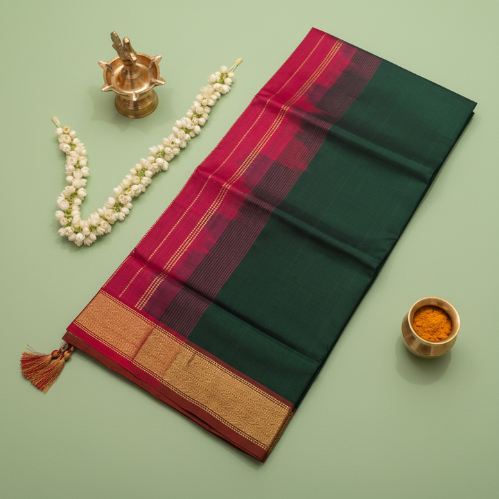 Kuberan Deep Green & Pink Cotton Silk Saree with Gold Zari Border