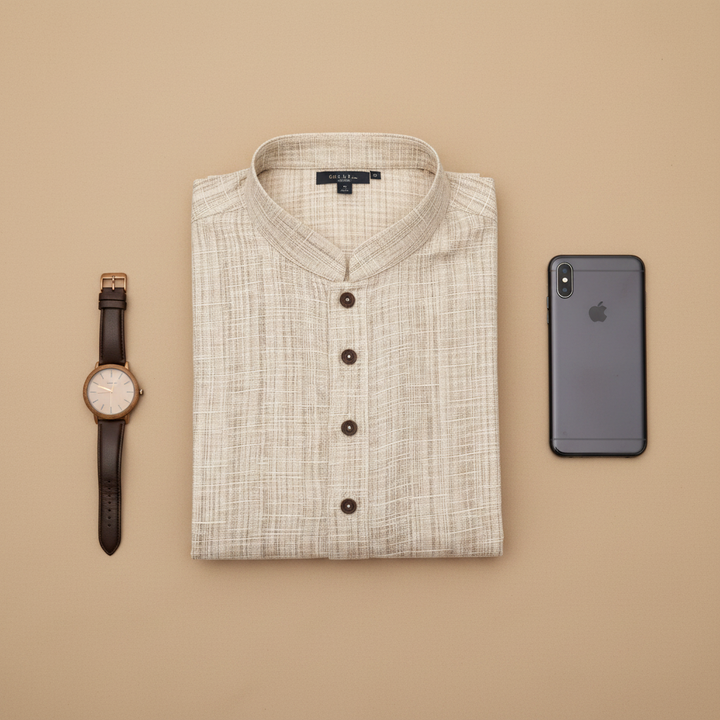 Cream Textured Cotton Kurta - Flat lay with watch and phone