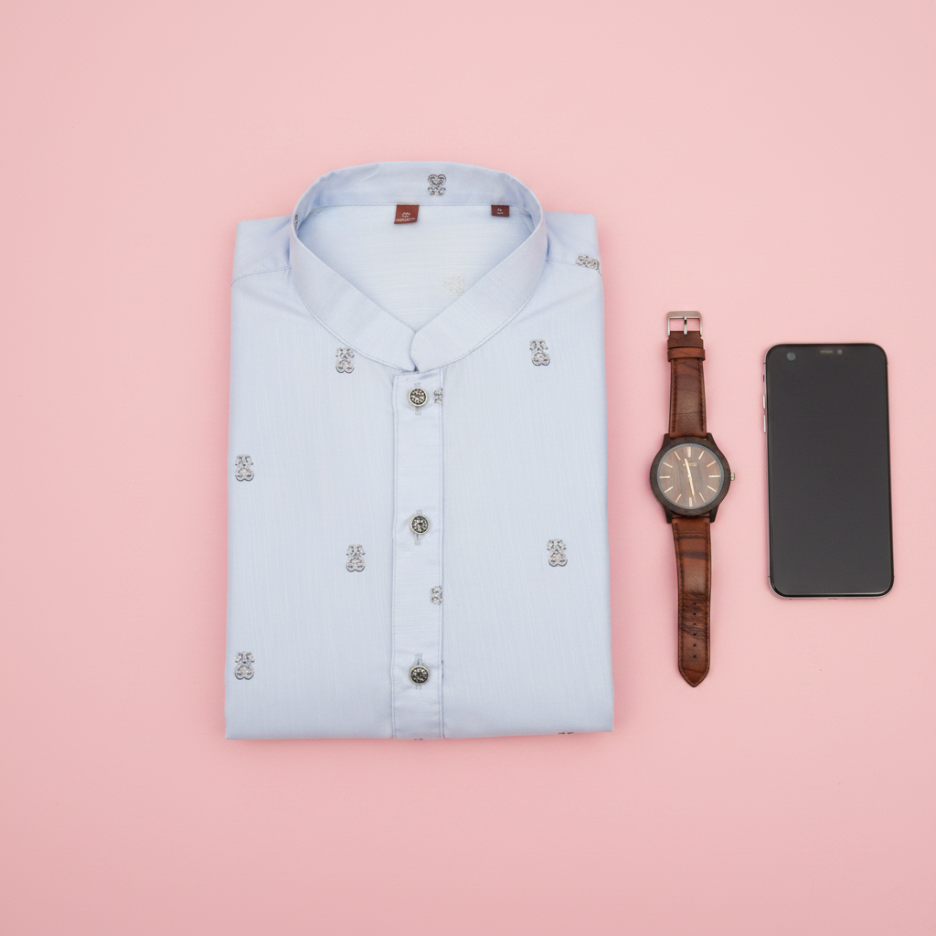Baby Blue Embroidered Cotton Kurta - Flat lay with watch and phone