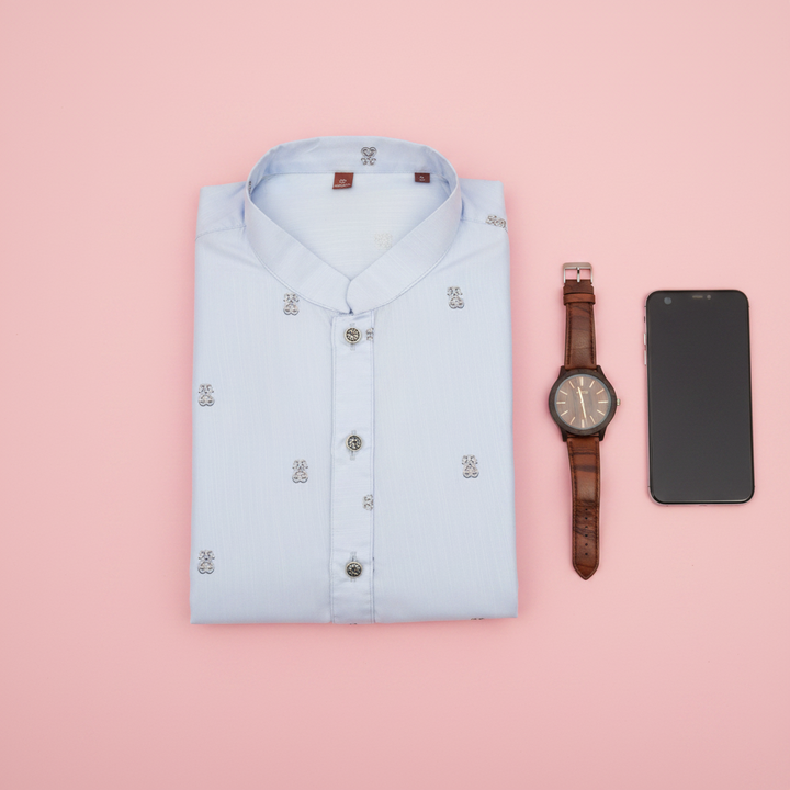 Baby Blue Embroidered Cotton Kurta - Flat lay with watch and phone