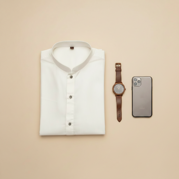 Ivory White Cotton Kurta - Flat lay with watch and phone