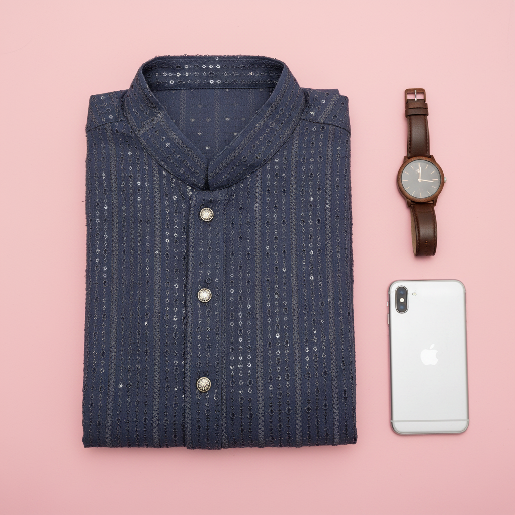 Navy Blue Sequin Embroidered Kurta - Flat lay with watch and phone