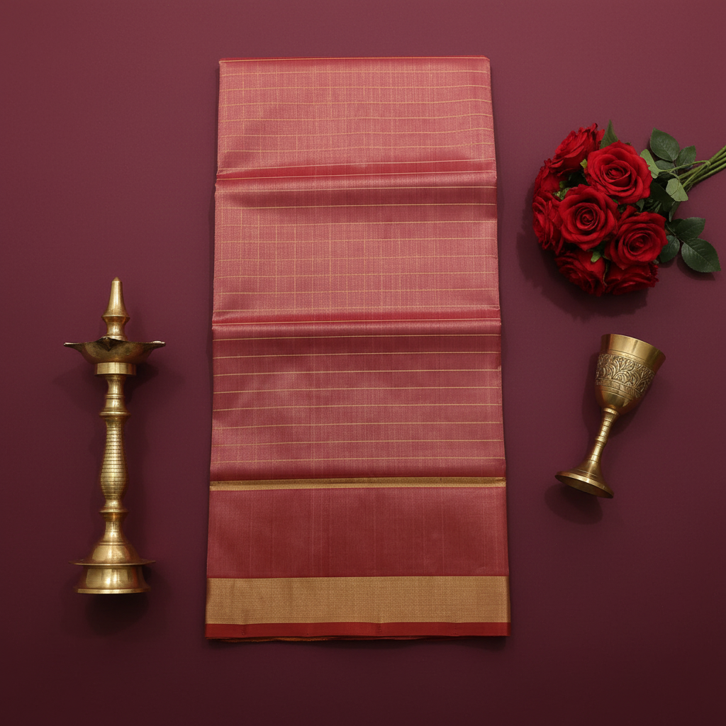 Kuberan Dusty Rose Cotton Silk Saree with Gold Check Grid & Antique Gold Zari Border