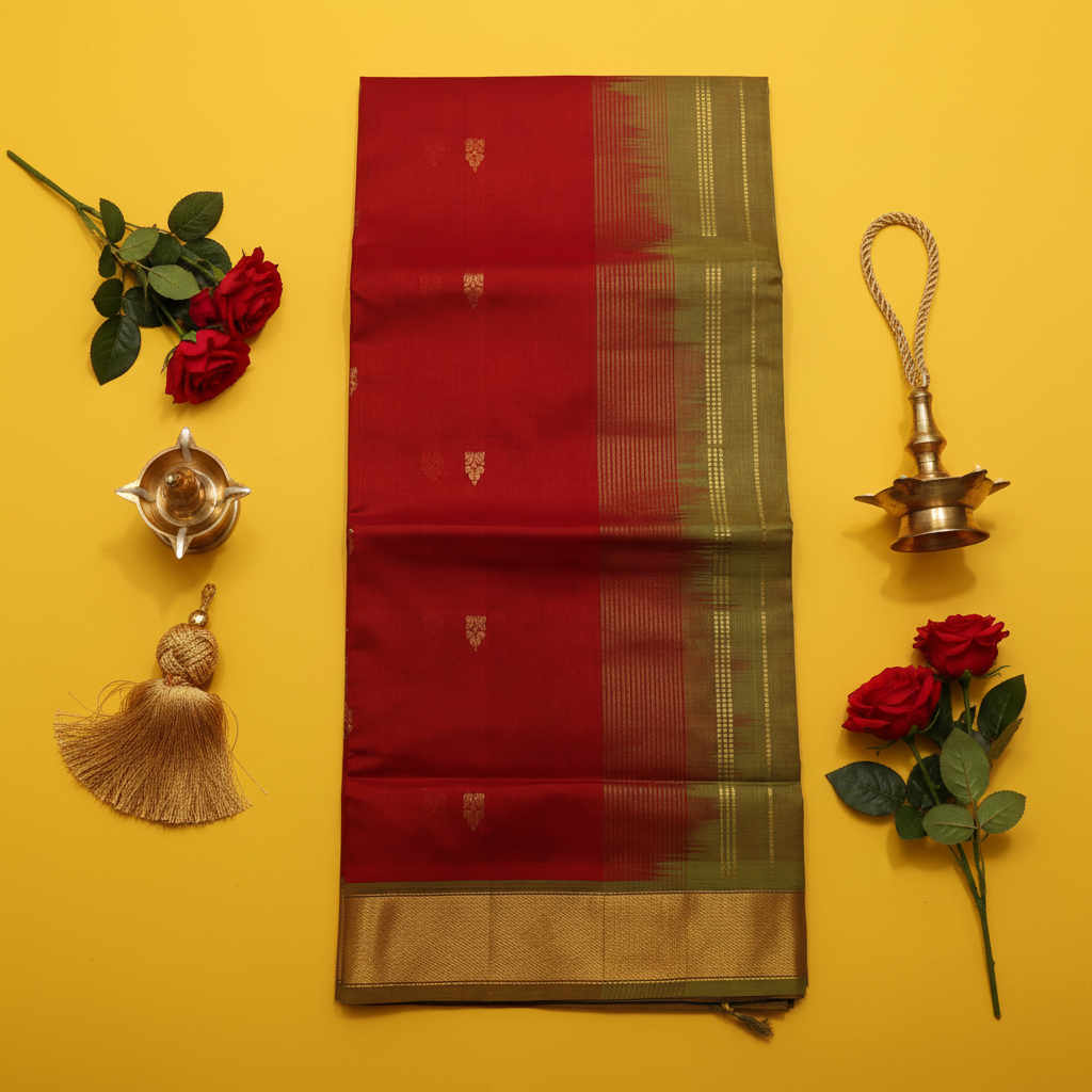 Kuberan Crimson Red Cotton Silk Saree with Gold Butta & Olive Gold Zari Border