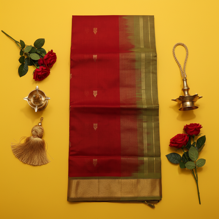 Kuberan Crimson Red Cotton Silk Saree with Gold Butta & Olive Gold Zari Border