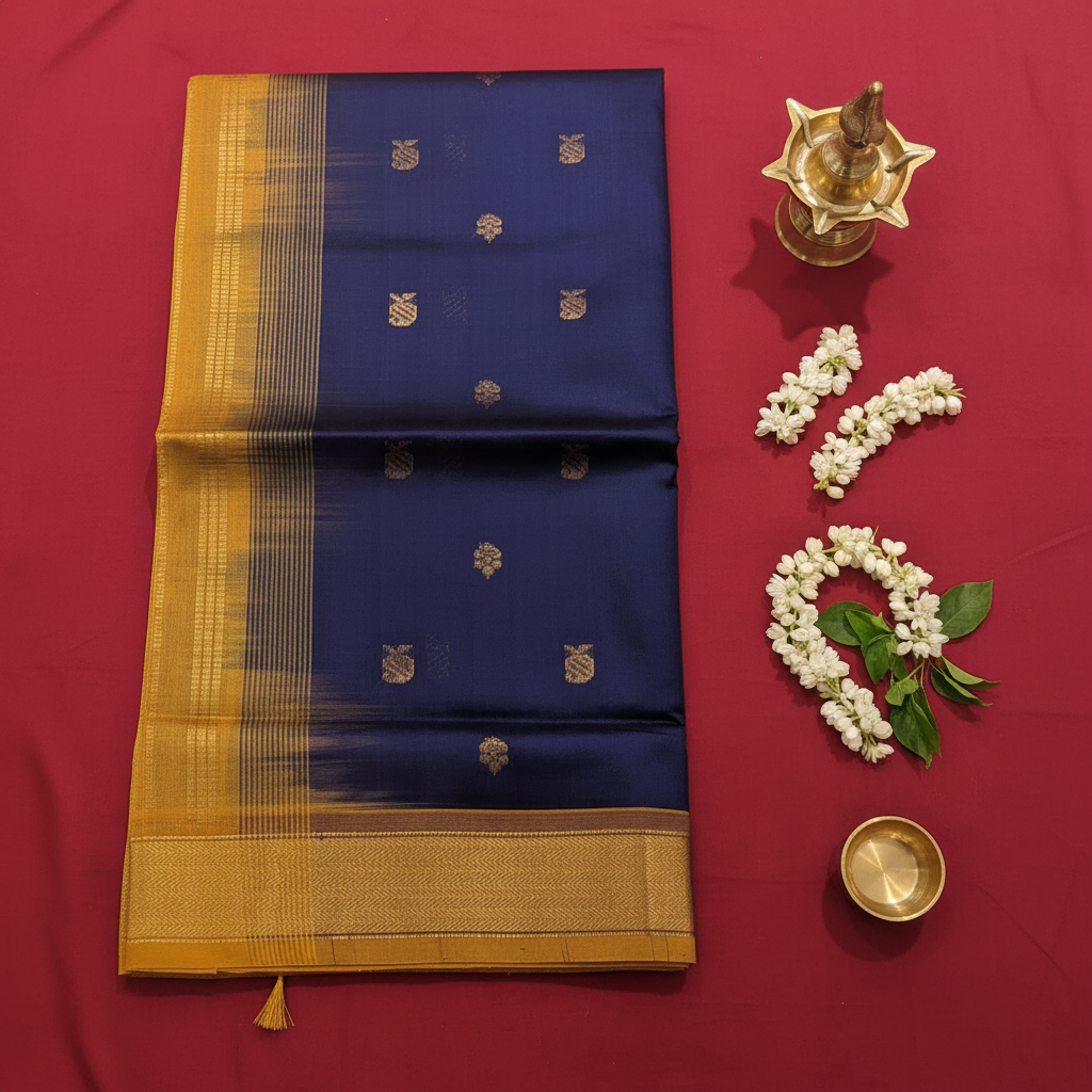 Kuberan Navy Blue Cotton Silk Saree with Gold Butta & Broad Mustard Zari Border