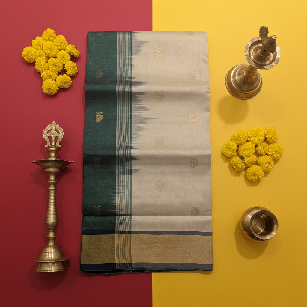 Kuberan Off-White Cotton Silk Saree with Gold Butta & Ikat Border