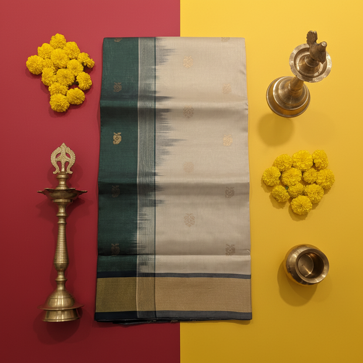 Kuberan Off-White Cotton Silk Saree with Gold Butta & Ikat Border